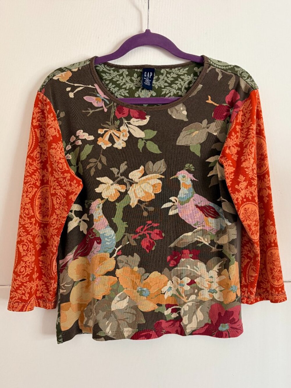 GAP Woman's Vintage Floral Pheasant Bird Long Sleeve Blouse/Top Size X-Large